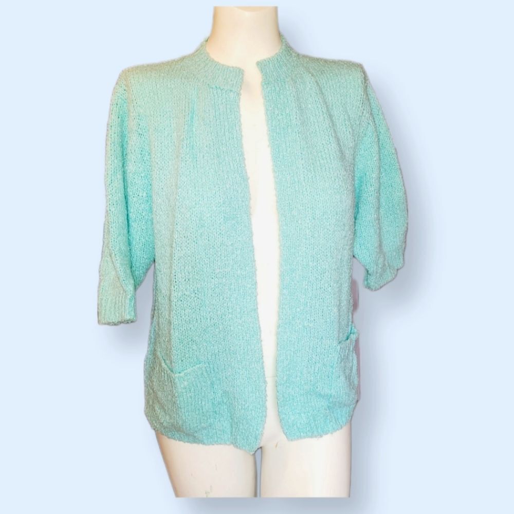 Vintage Le Chois Curly Knit Short sleeve Cardigan Sweater Teal Large